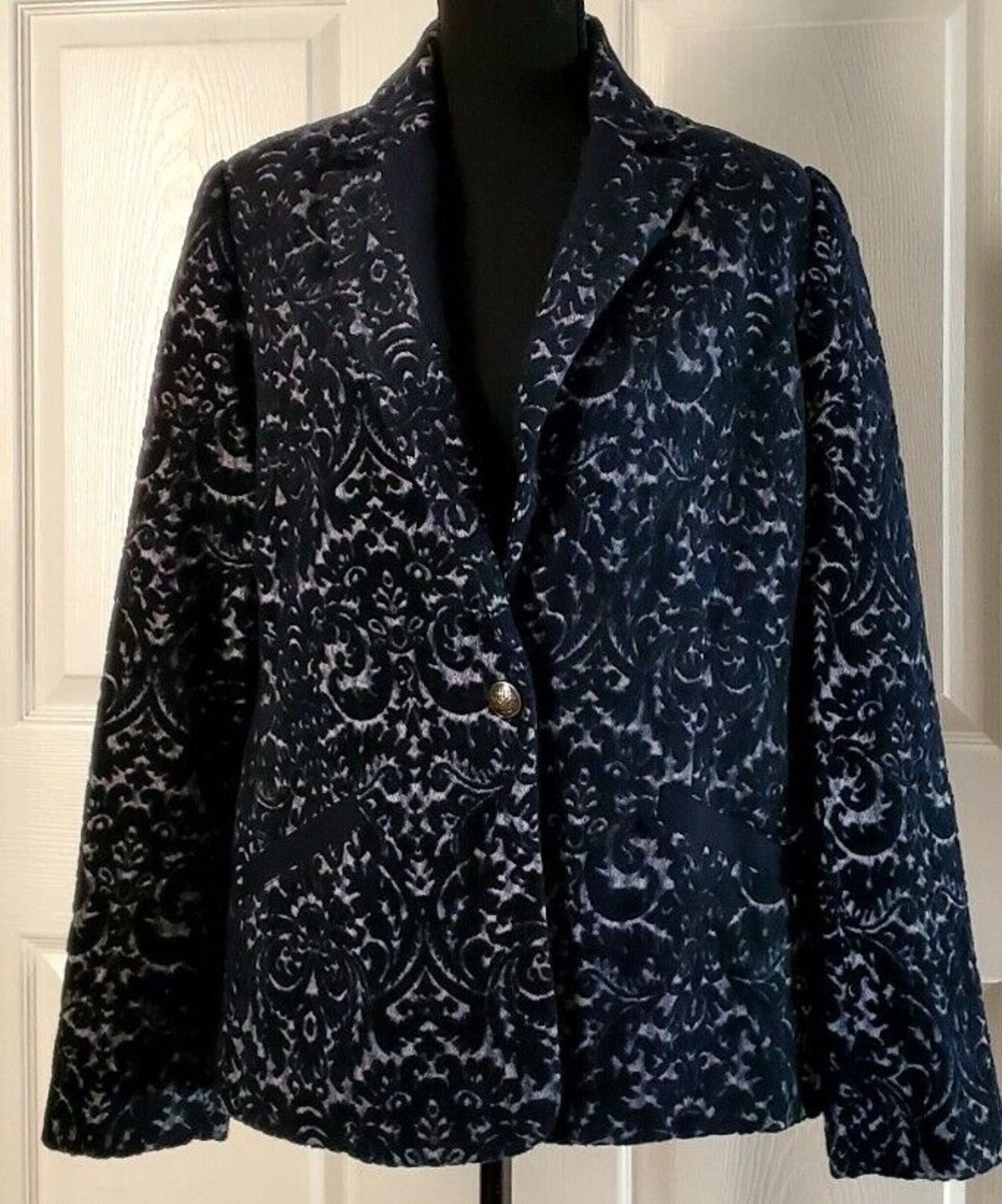 Cabi Jacquard Soft Wool Blend Blazer Blue Textured Floral Jacket Sz 8 EUC